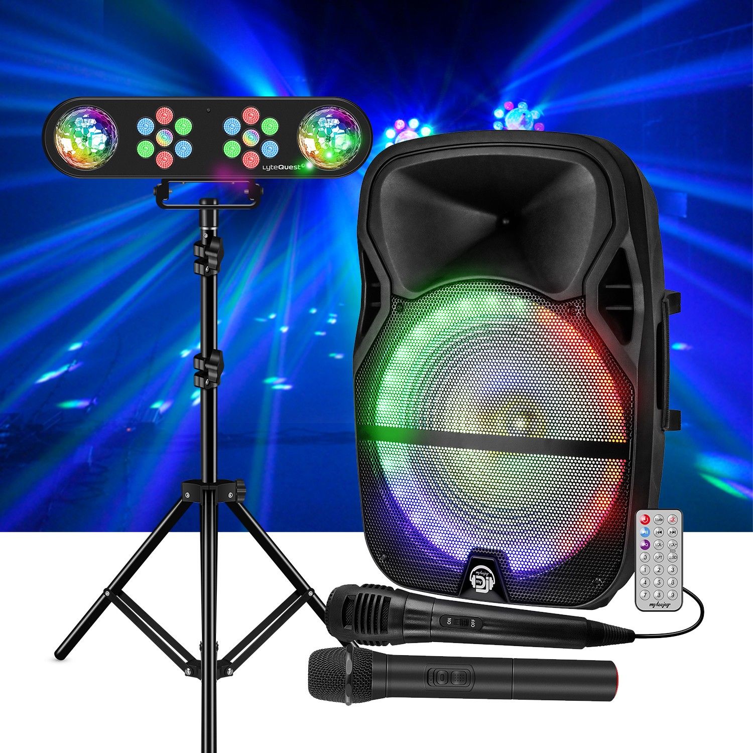 BMI Karaoke Party Sound System with LED Lights 700W 15" USB, Bluetooth, PC, TWS, VHF Wireless and Wired Microphones, Light Show, LyteQuest