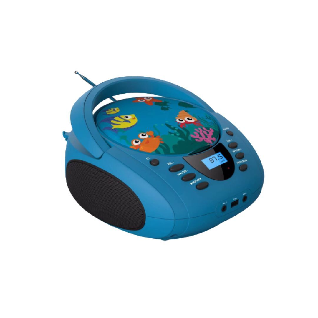 Reproductor de CD WE Kids - Radio con USB, FM, CD/CD-R/CD-RW/MP3, 2x2W RMS, entrada auxiliar y micro, modelo Mer