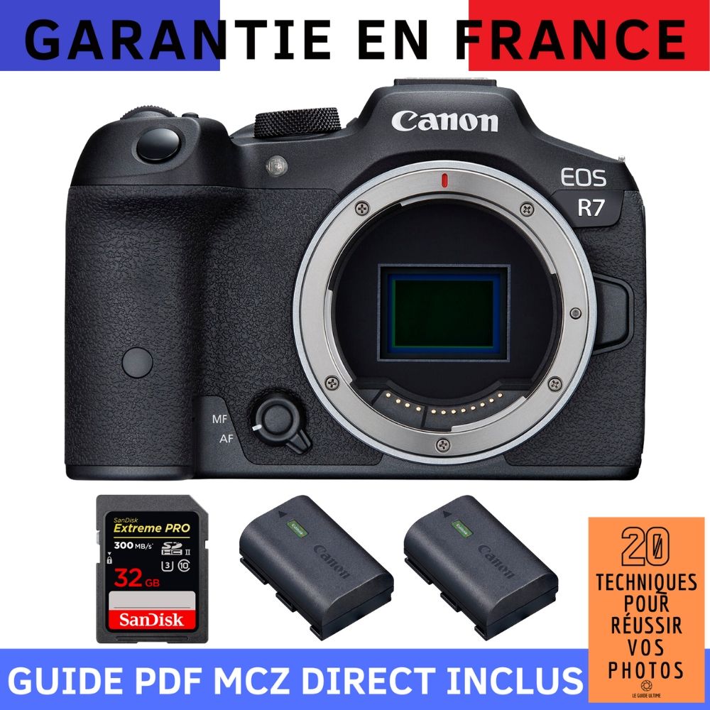 Appareil photo sans miroir Canon EOS R7 + carte SDXC SanDisk 32 Go Extreme PRO UHS-II 300 Mo/s + 2 batteries Canon LP-E6NH + guide PDF '20 techniques pour réussir vos photos