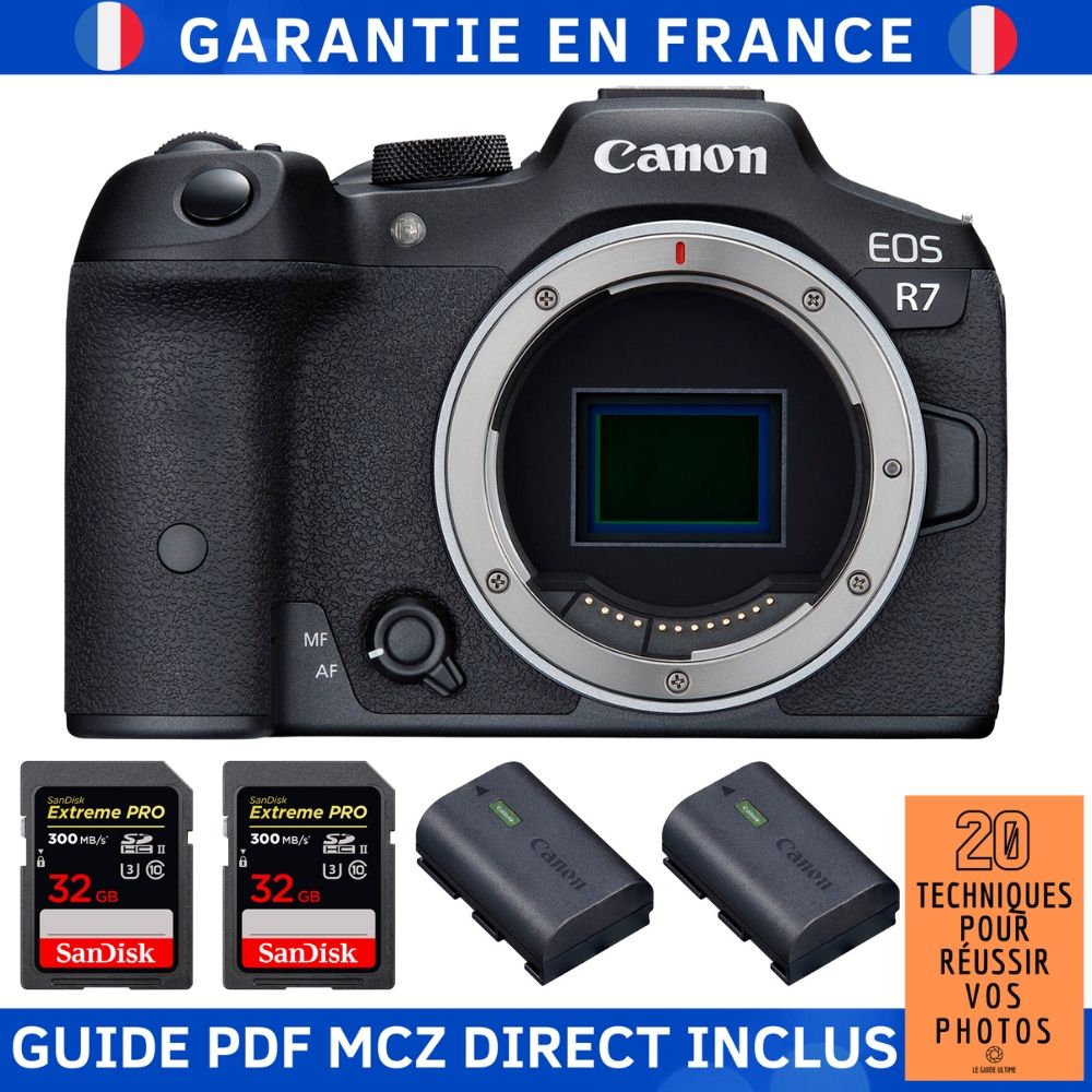 Canon EOS R7 Camera + 2 SanDisk 32GB Extreme PRO UHS-II SDXC Cards + 2 Canon LP-E6NH Batteries + '20 Techniques for Mastering Your Photos' Guide