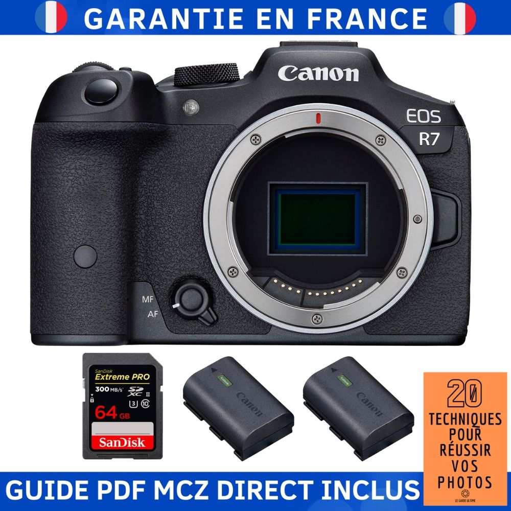 Canon EOS R7 + carte mémoire SanDisk 64 Go Extreme PRO UHS-II SDXC 300 Mo/s + 2 batteries Canon LP-E6NH + guide PDF