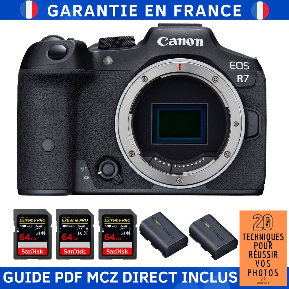 Canon EOS R7 Body + 3 SanDisk 64GB Extreme PRO UHS-II SDXC Cards (300MB/s) + 2 Canon LP-E6NH Batteries + MCZ DIRECT '20 Techniques for Success in Photography Guide