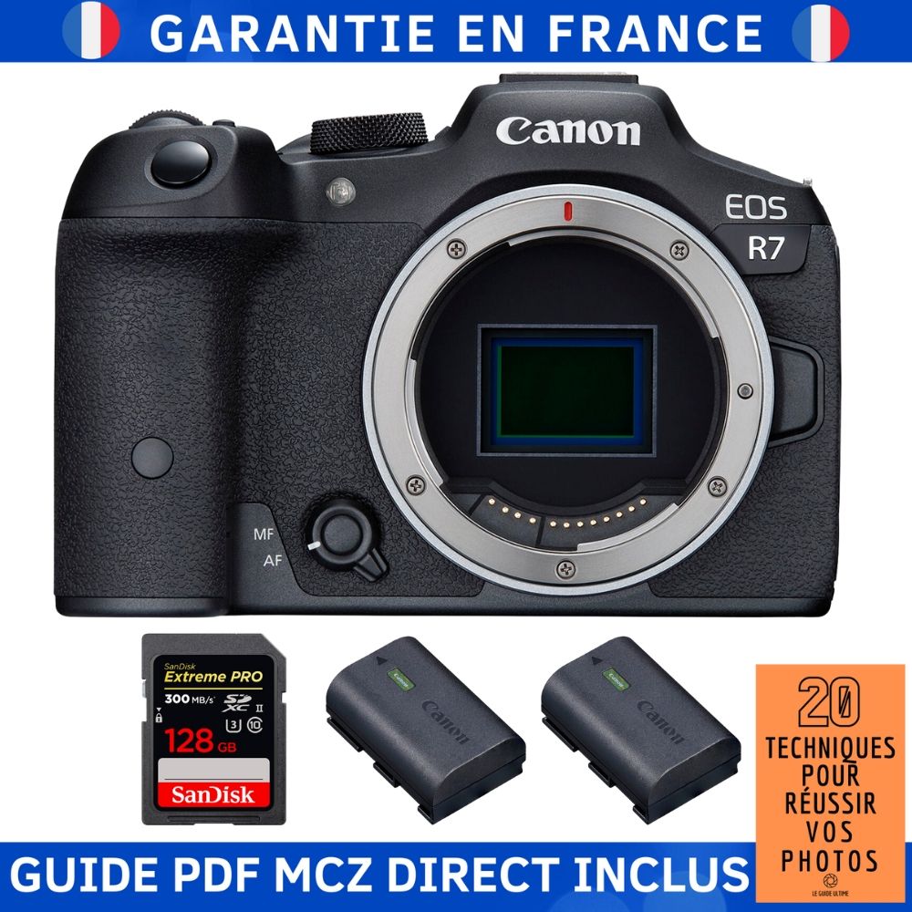 Appareil photo Canon EOS R7 + 1 carte SD SanDisk 128 Go Extreme PRO UHS-II + 2 batteries Canon LP-E6NH + guide '20 techniques pour réussir en photographie
