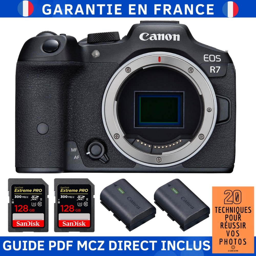 Canon EOS R7 Camera Body + 2 SanDisk 128GB Extreme PRO UHS-II SDXC Cards + 2 Canon LP-E6NH Batteries + '20 Techniques for Mastering Your Photos' Guide