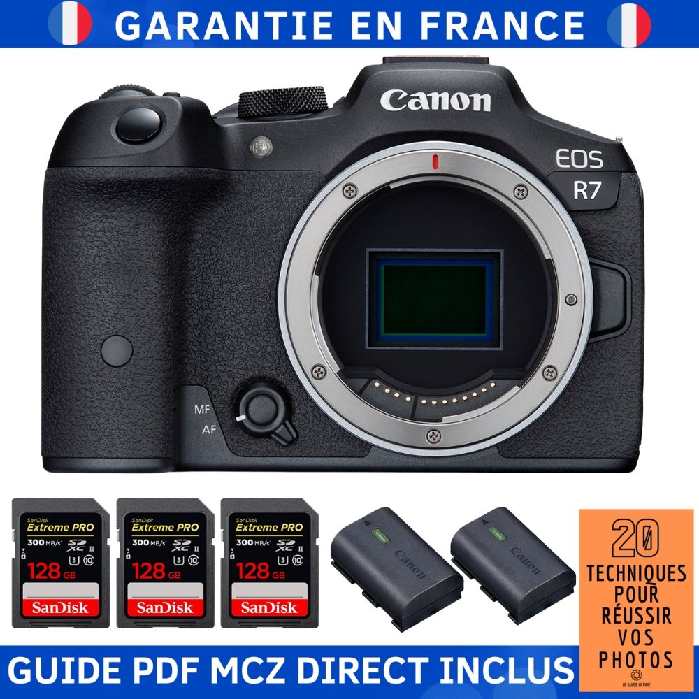 Canon EOS R7 Camera + 3 SanDisk 128GB Extreme PRO UHS-II SDXC Cards 300MB/s + 2 Canon LP-E6NH Batteries + MCZ DIRECT '20 TECHNIQUES POUR RÉUSSIR VOS PHOTOS Guide