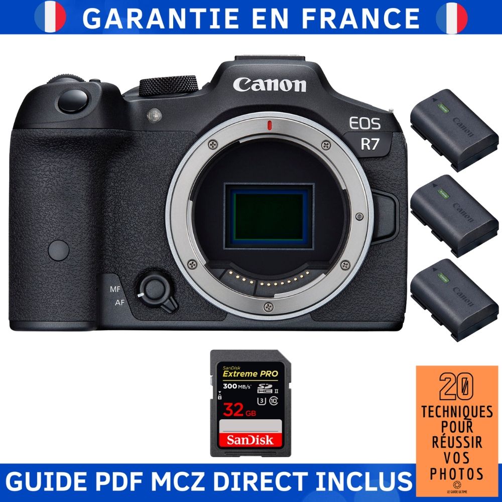 Canon EOS R7 + 1 carte SanDisk 32 Go Extreme PRO UHS-II SDXC + 3 batteries LP-E6NH Canon + Guide PDF MCZ DIRECT '20 techniques pour réussir vos photos