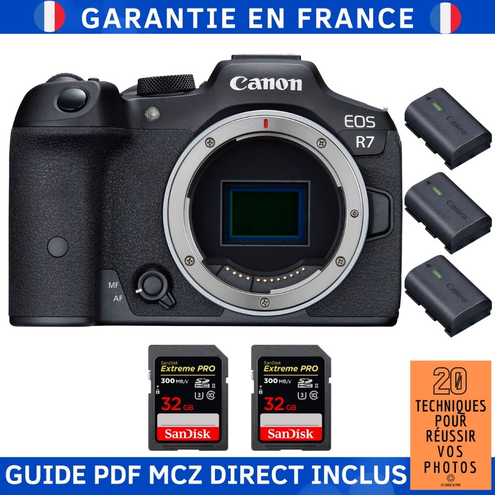 Canon EOS R7 Camera + 2 SanDisk 32GB Extreme PRO UHS-II SDXC Cards + 3 Canon LP-E6NH Batteries + MCZ Direct '20 Techniques for Succeeding in Photography Guide