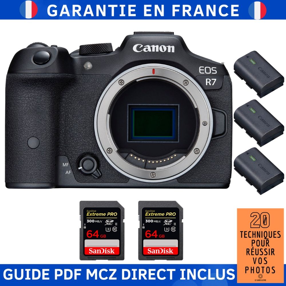 Canon EOS R7 + 2 SanDisk 64GB Extreme PRO UHS-II SDXC 300MB/s + 3 Canon LP-E6NH + Guide PDF MCZ