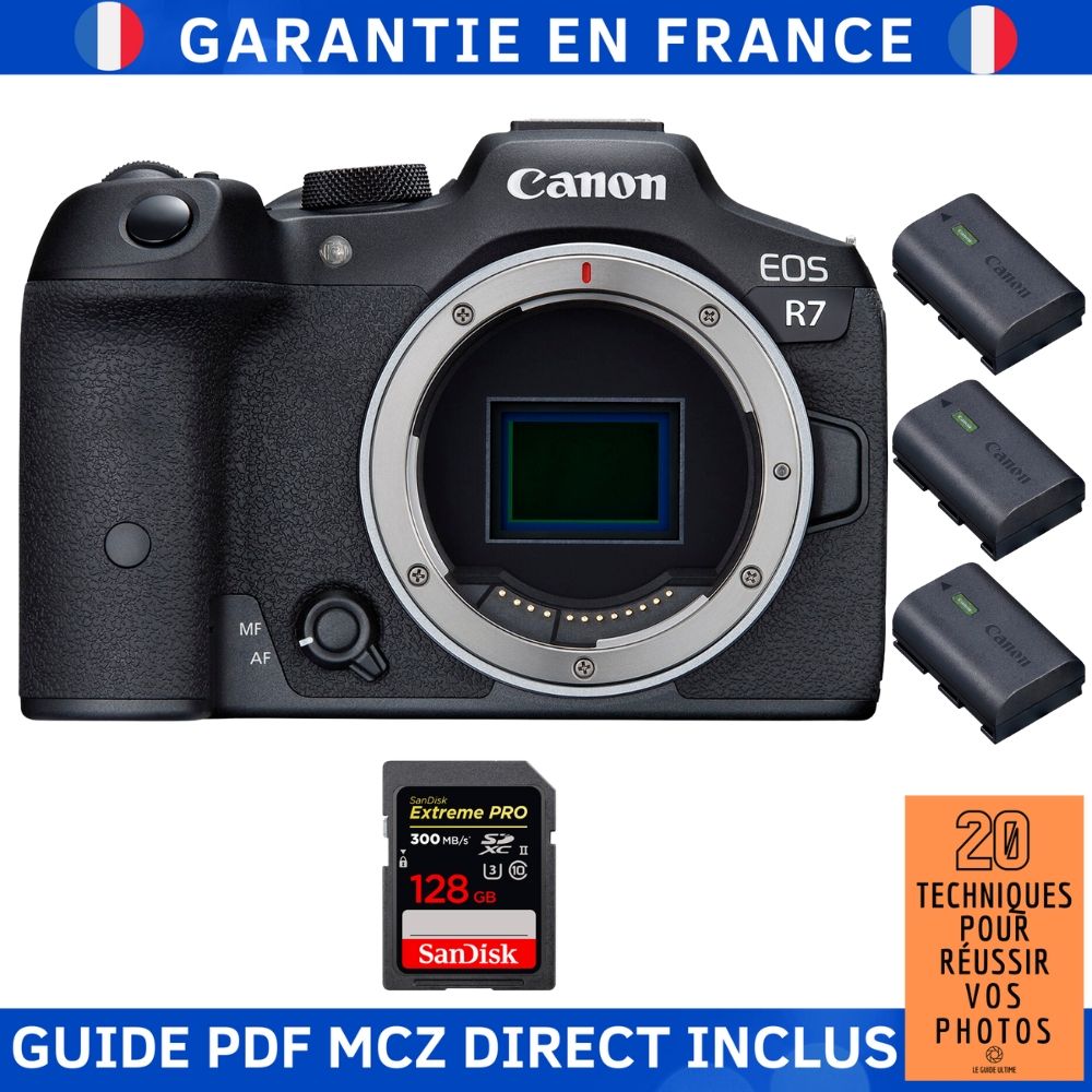 Appareil photo Canon EOS R7 + 1 carte SanDisk 128 Go Extreme PRO UHS-II SDXC 300 Mo/s + 3 batteries Canon LP-E6NH + Guide PDF MCZ DIRECT '20 techniques pour réussir vos photos