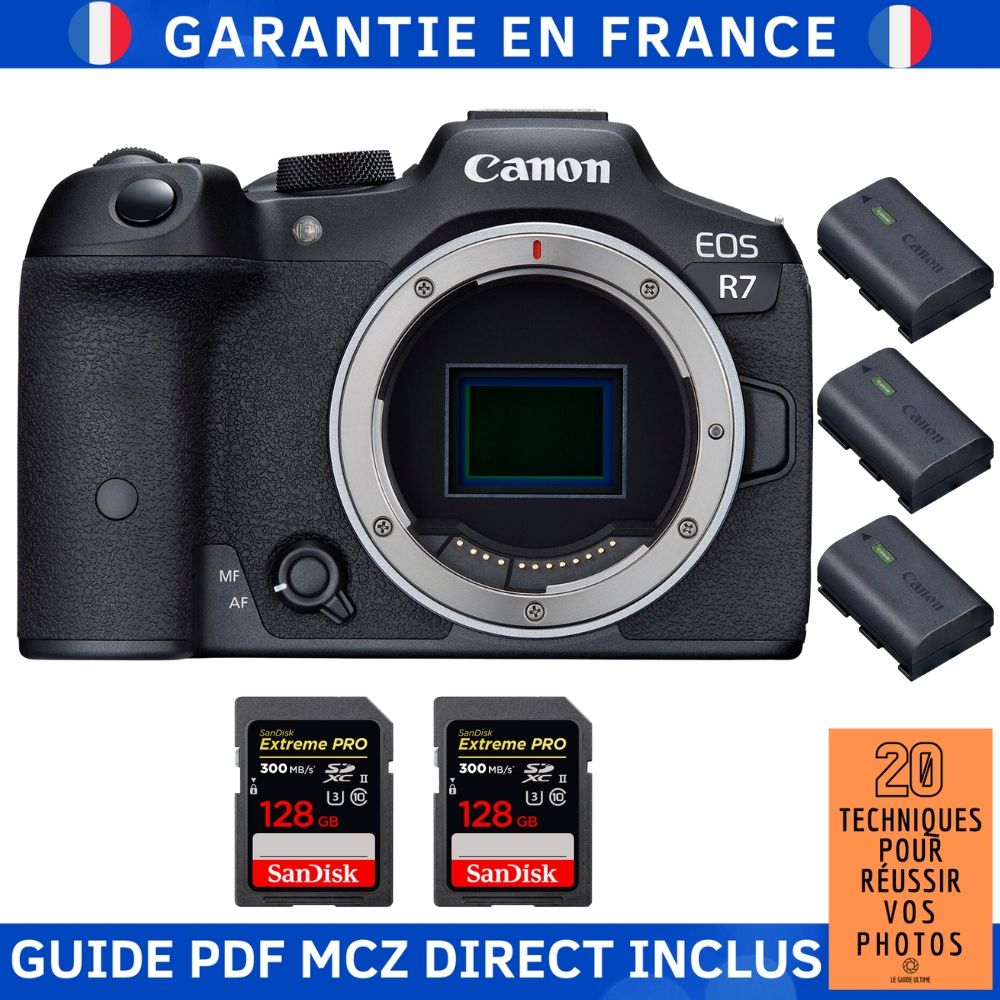 Canon EOS R7 Camera Body + 2 SanDisk 128GB Extreme PRO UHS-II SDXC Cards + 3 Canon LP-E6NH Batteries + MCZ DIRECT '20 Techniques for Succeeding with Your Photos