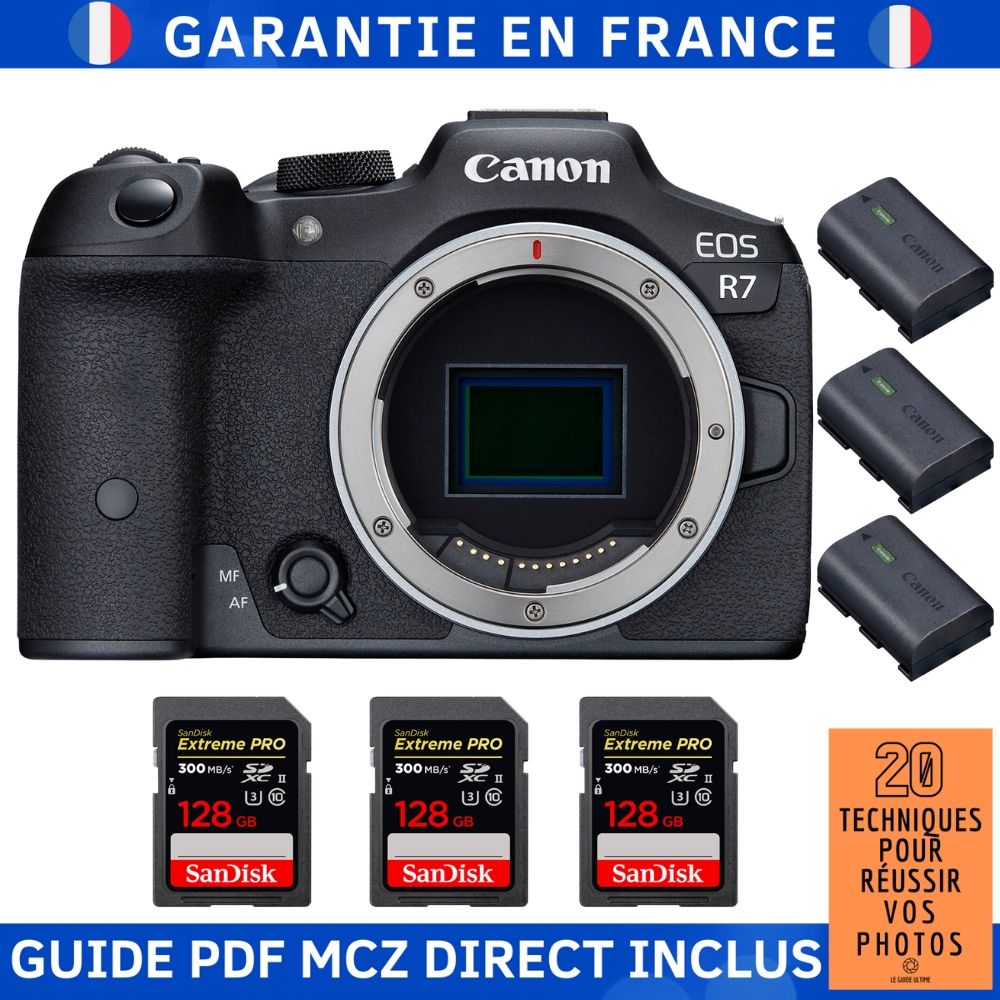 Canon EOS R7 Camera Body + 3 SanDisk 128GB Extreme PRO UHS-II SD Cards + 3 Canon LP-E6NH Batteries + MCZ DIRECT '20 Techniques for Succeeding in Photography Guide