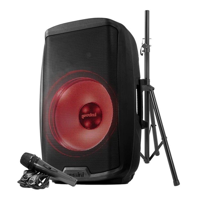 Gemini AS-2115BT-LT-PK Active Speaker, 15" Boomer with LED Lighting - 2000W, USB/SD Bluetooth TWS FM, Stand, Microphone & Remote
