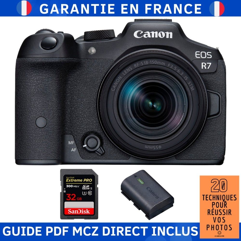 Canon EOS R7 + RF-S 18-150mm STM Lens + 1 SanDisk 32GB Extreme PRO UHS-II SDXC Card + 1 Canon LP-E6NH Battery + MCZ DIRECT '20 Techniques Guide
