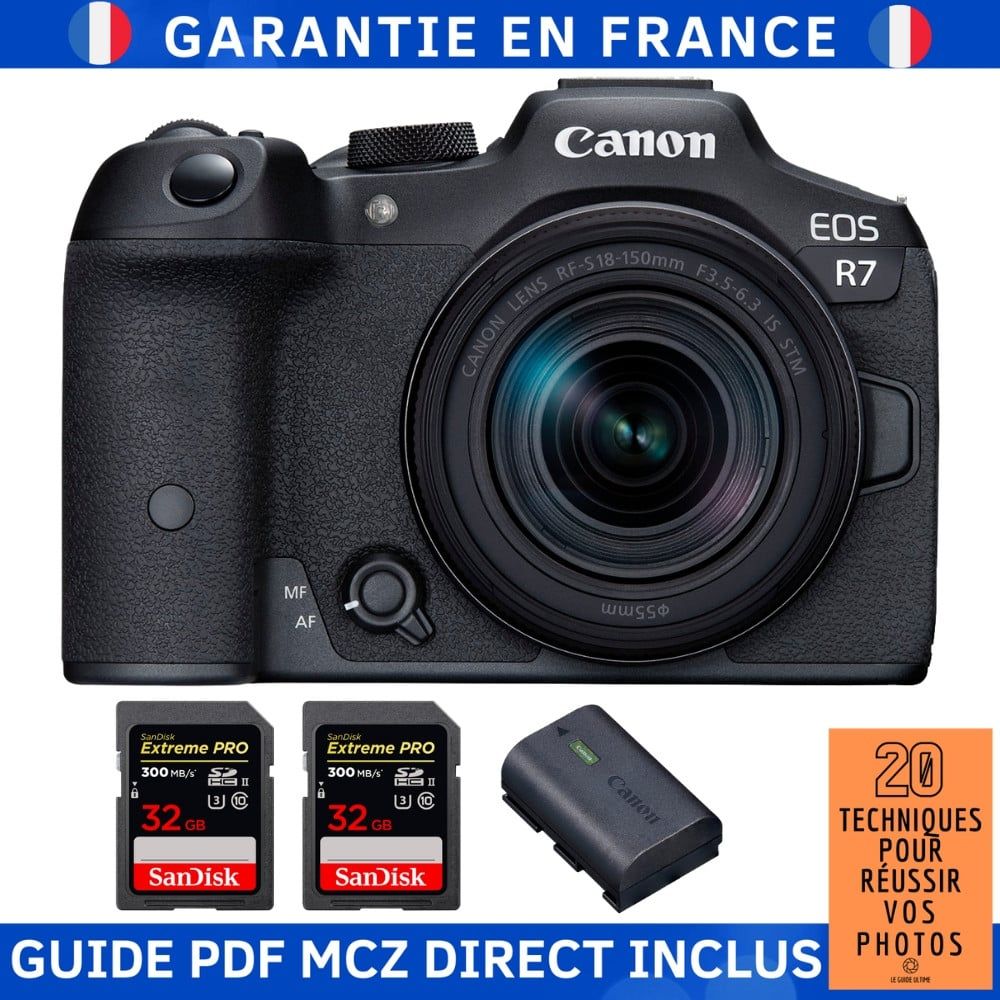 Canon EOS R7 + Objectif RF-S 18-150mm STM + 2x Cartes SD SanDisk 32Go Extreme PRO UHS-II + Batterie Canon LP-E6NH + Guide PDF MCZ DIRECT '20 Techniques pour Réussir Vos Photos
