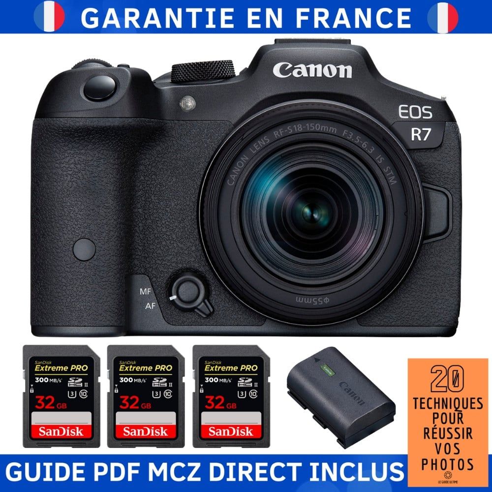 Canon EOS R7 + objectif RF-S 18-150mm STM + 3 cartes SD SanDisk 32Go Extreme PRO UHS-II 300 Mo/s + batterie LP-E6NH + guide photo MCZ DIRECT '20 techniques pour réussir vos photos'