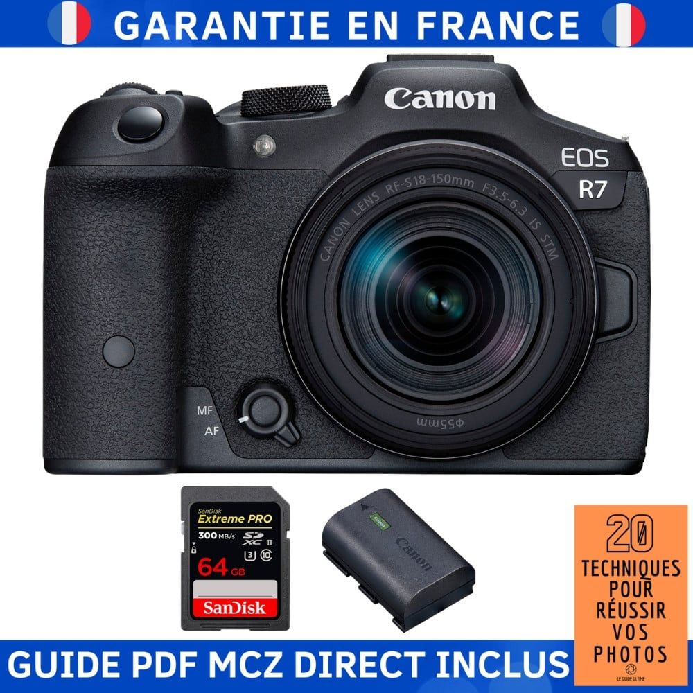 Canon EOS R7 + Objectif RF-S 18-150mm STM + Carte SD 64 Go SanDisk Extreme PRO + Batterie Canon LP-E6NH + Guide '20 Techniques pour Réussir vos Photos