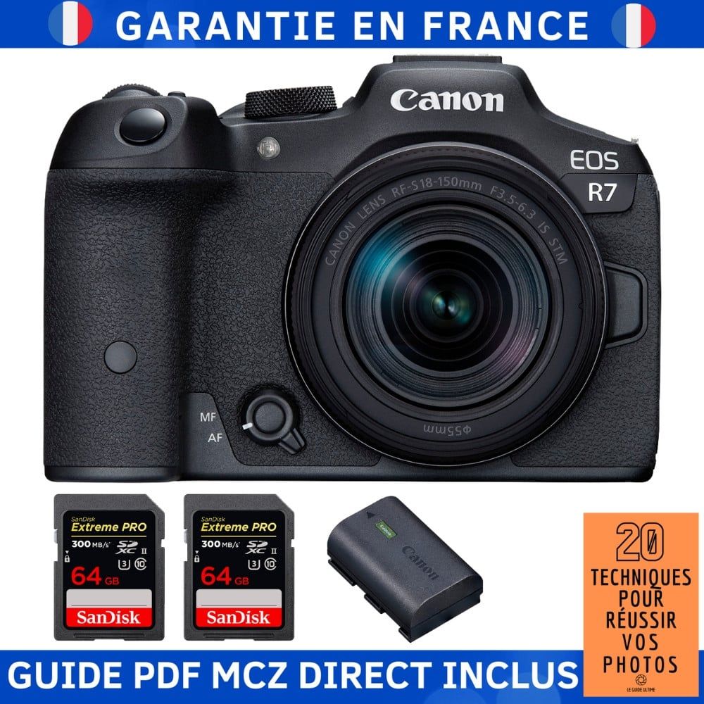 Canon EOS R7 + Objectif RF-S 18-150mm STM + 2 Cartes Mémoire SanDisk 64GB Extreme PRO UHS-II SDXC + Batterie LP-E6NH + Guide des Techniques MCZ DIRECT 2020
