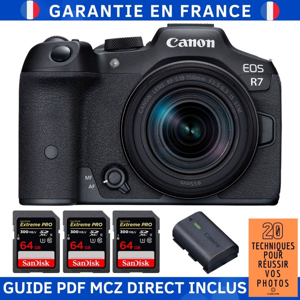 Appareil photo hybride Canon EOS R7 Kit avec objectif RF-S 18-150 mm STM + 3 cartes SDXC SanDisk de 64 Go Extreme PRO UHS-II + batterie Canon LP-E6NH