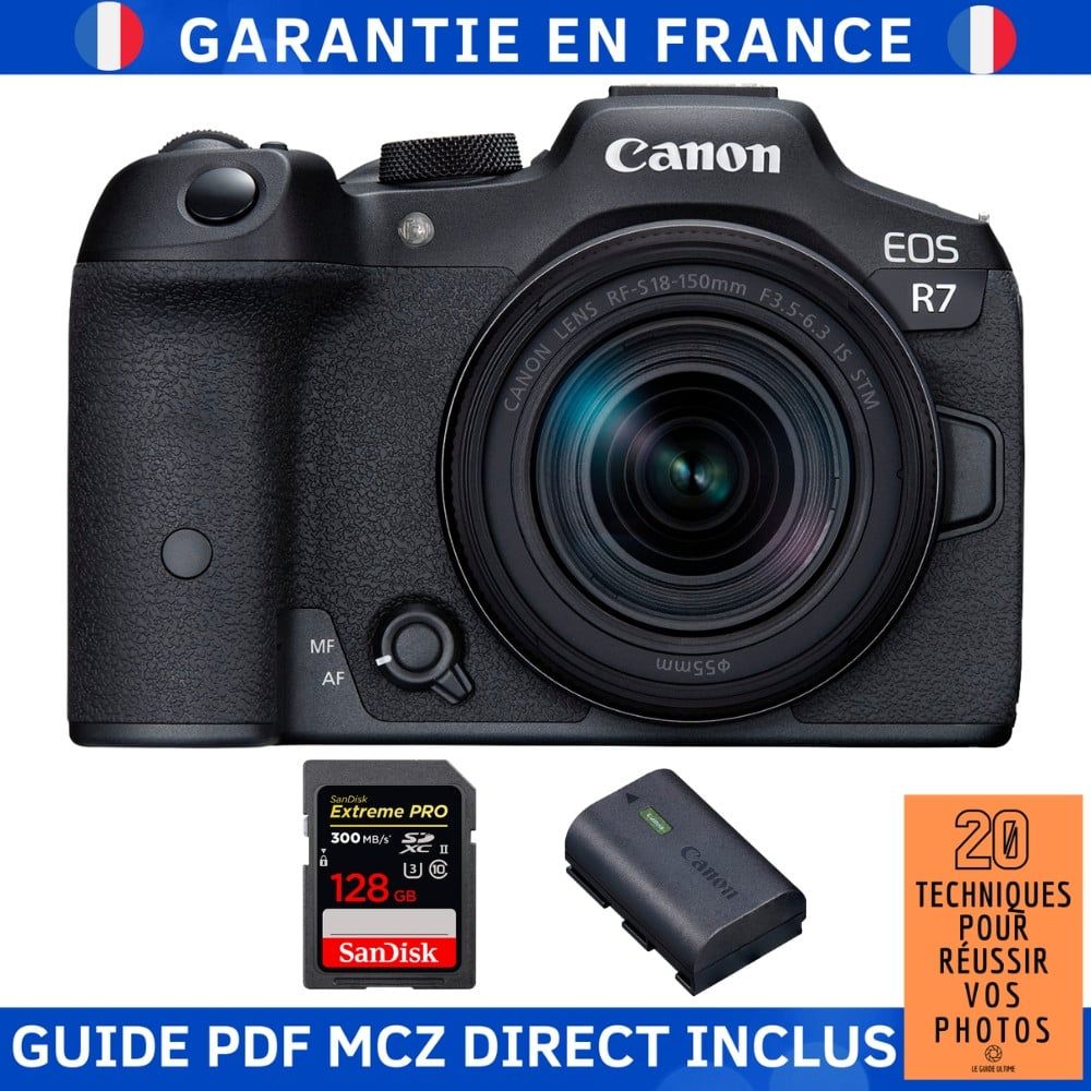 Canon EOS R7 + RF-S 18-150mm STM Lens + 1 SanDisk 128GB Extreme PRO UHS-II SDXC Card + 1 Canon LP-E6NH Battery + '20 Techniques for Succeeding in Photography Guide