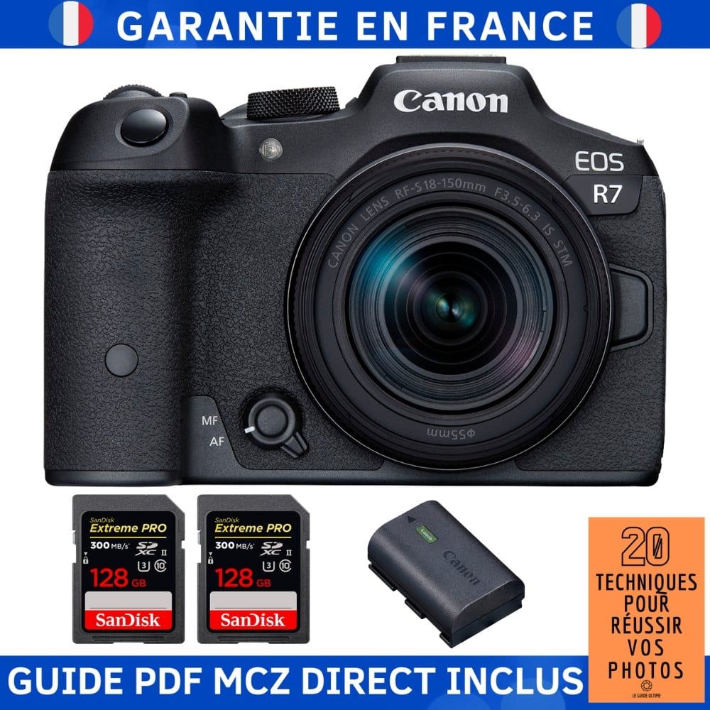 Canon EOS R7 + Objectif RF-S 18-150mm STM + 2 Cartes mémoire SanDisk 128 Go Extreme PRO UHS-II SDXC + Batterie LP-E6NH + Guide MCZ DIRECT '20 Techniques pour Réussir vos Photos