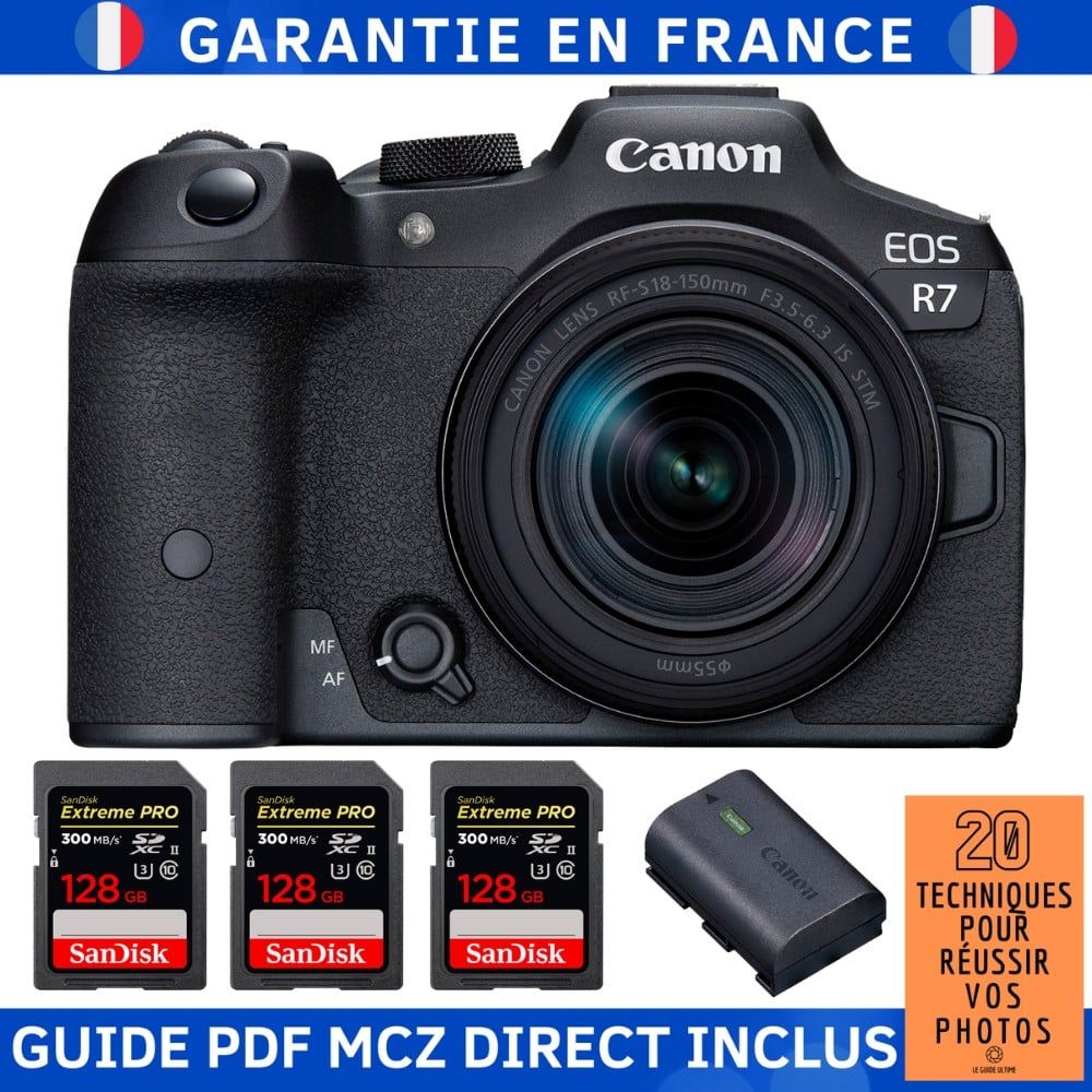 Canon EOS R7 + objectif RF-S 18-150mm STM + 3 cartes SanDisk 128Go Extreme PRO UHS-II SDXC + batterie LP-E6NH + guide PDF MCZ DIRECT : 20 techniques pour réussir vos photos
