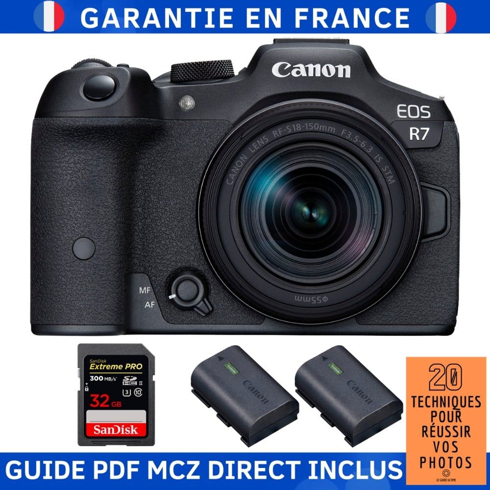 Canon EOS R7 + RF-S 18-150mm STM + Carte Sandisk 32 Go Extreme PRO UHS-II SDXC 300 Mo/s + 2 Batteries Canon LP-E6NH + Guide PDF MCZ DIRECT '20 Techniques pour Réussir Vos Photos'