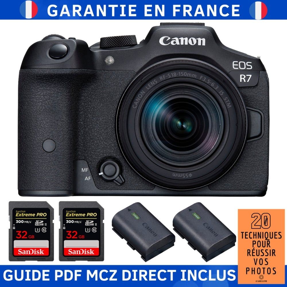 Kit Canon EOS R7 avec objectif RF-S 18-150mm STM et 2 cartes SDXC 32 Go SanDisk Extreme PRO