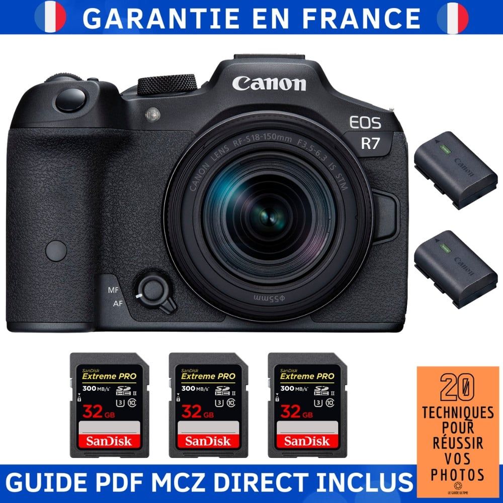Canon EOS R7 + objectif RF-S 18-150mm STM + 3 cartes SanDisk 32 Go Extreme PRO UHS-II SDXC 300 Mo/s + 2 batteries Canon LP-E6NH + guide PDF MCZ