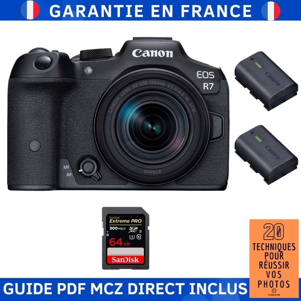 Appareil photo Canon EOS R7 avec objectif RF-S 18-150 mm STM + carte SD 64 Go SanDisk Extreme PRO + 2 batteries LP-E6NH + guide MCZ DIRECT