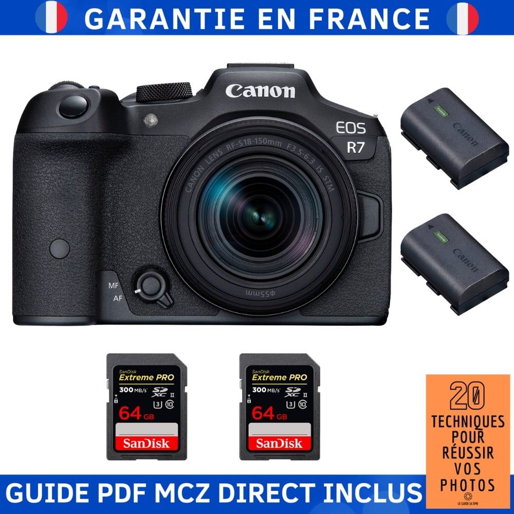 Appareil photo sans miroir Canon EOS R7 + Objectif RF-S 18-150mm STM + 2 cartes mémoire SanDisk Extreme PRO UHS-II 64 Go + 2 batteries LP-E6NH Canon + Guide MCZ DIRECT '20 techniques pour réussir vos photos