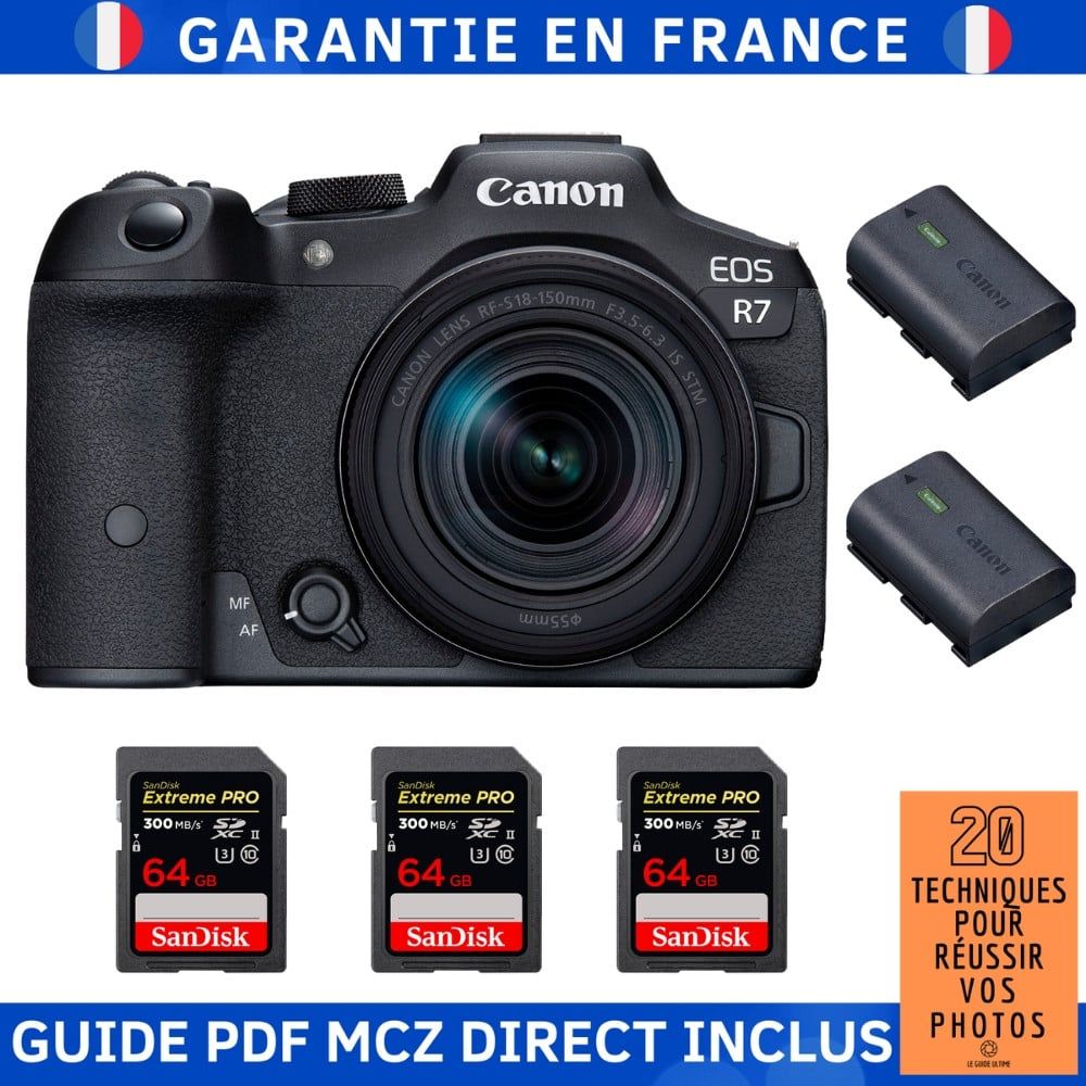 Canon EOS R7 + objectif RF-S 18-150mm STM + 3 cartes SanDisk 64 Go Extreme PRO UHS-II SDXC + 2 batteries Canon LP-E6NH + guide PDF MCZ DIRECT : 20 techniques pour réussir vos photos