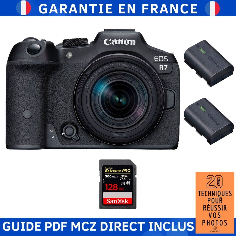 Canon EOS R7 + Objectif RF-S 18-150mm STM + Carte SD 128Go SanDisk Extreme PRO UHS-II + 2 Batteries LP-E6NH Canon + Guide PDF MCZ DIRECT '20 Techniques pour Réussir Vos Photos
