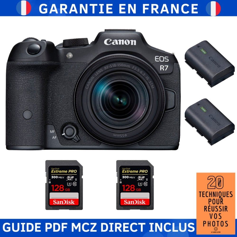 Appareil photo mirrorless Canon EOS R7 + objectif RF-S 18-150mm STM + 2 cartes mémoire SanDisk 128 Go Extreme PRO UHS-II SDXC + 2 batteries LP-E6NH Canon + MCZ DIRECT '20 techniques pour réussir vos photos