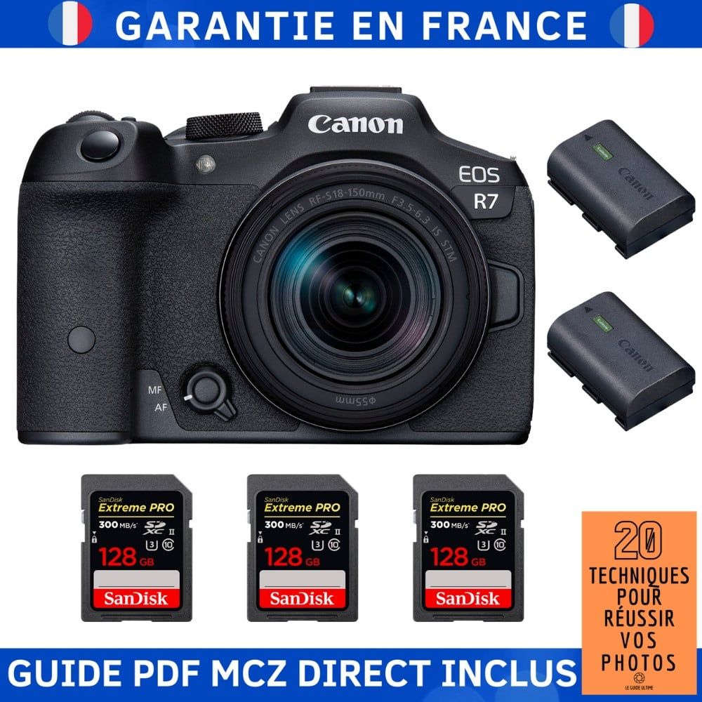 Canon EOS R7 + objectif RF-S 18-150mm STM + 3 cartes SD SanDisk 128Go Extreme PRO UHS-II + 2 batteries LP-E6NH Canon + guide technique MCZ DIRECT '20 techniques pour réussir vos photos