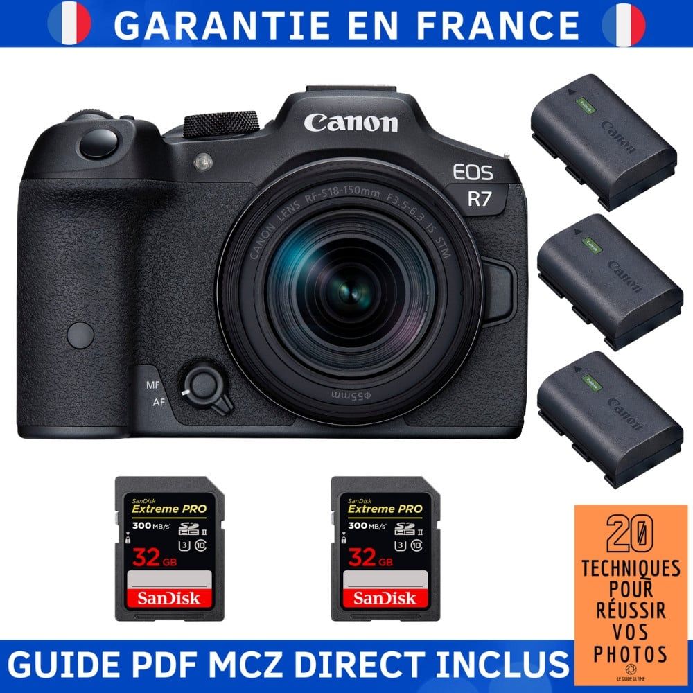 Canon EOS R7 + objectif RF-S 18-150mm STM + 2 cartes mémoire SanDisk 32 Go Extreme PRO UHS-II SDXC + 3 batteries LP-E6NH Canon + guide PDF MCZ DIRECT '20 techniques pour réussir vos photos
