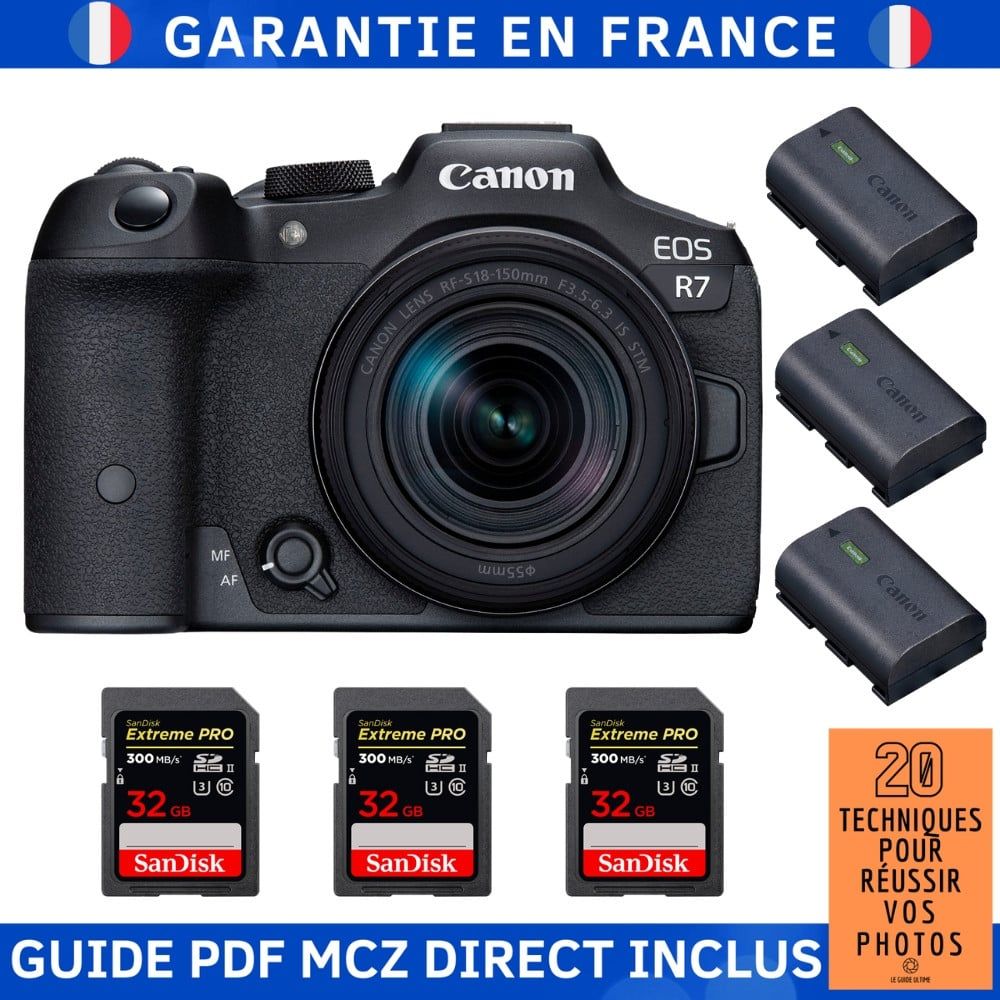 Canon EOS R7 + RF-S 18-150 mm STM + 3 cartes Sandisk 32 Go Extreme PRO UHS-II SDXC 300 Mo/s + 3 batteries Canon LP-E6NH + Guide PDF MCZ