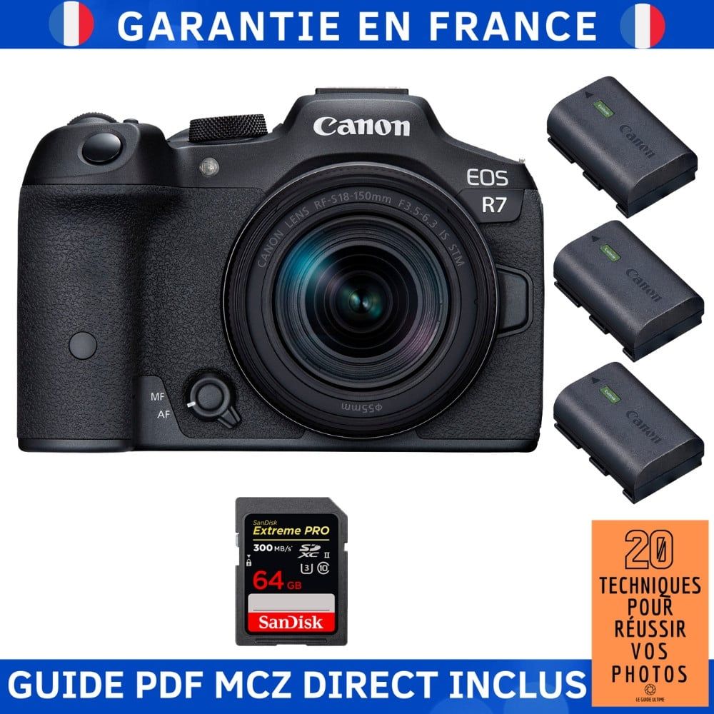 Appareil photo mirrorless Canon EOS R7 + objectif RF-S 18-150mm STM + carte mémoire SanDisk 64Go Extreme PRO UHS-II SDXC 300 Mo/s + 3 batteries LP-E6NH Canon + guide PDF MCZ DIRECT '20 techniques pour réussir vos photos