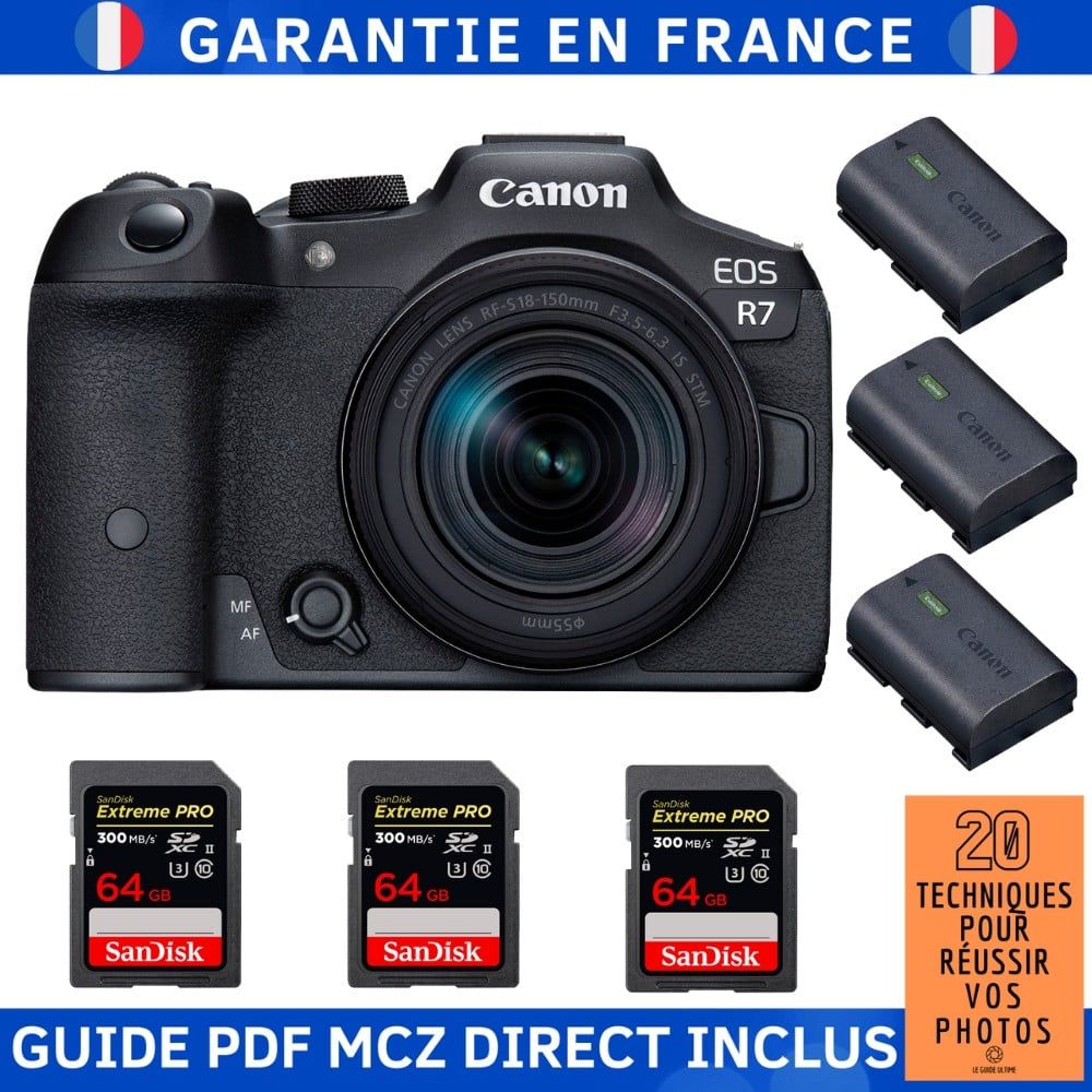 Canon EOS R7 + objectif RF-S 18-150mm STM + 3 cartes mémoire SanDisk Extreme PRO UHS-II 64 Go + 3 batteries LP-E6NH Canon + guide PDF MCZ DIRECT '20 techniques pour réussir vos photos
