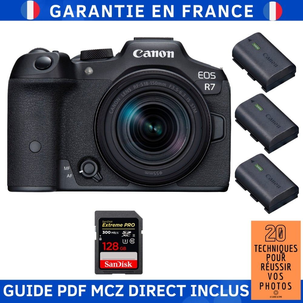 Canon EOS R7 + objectif RF-S 18-150mm STM + 1 carte SanDisk 128Go Extreme PRO UHS-II SDXC + 3 batteries LP-E6NH Canon + guide PDF MCZ DIRECT '20 techniques pour réussir vos photos