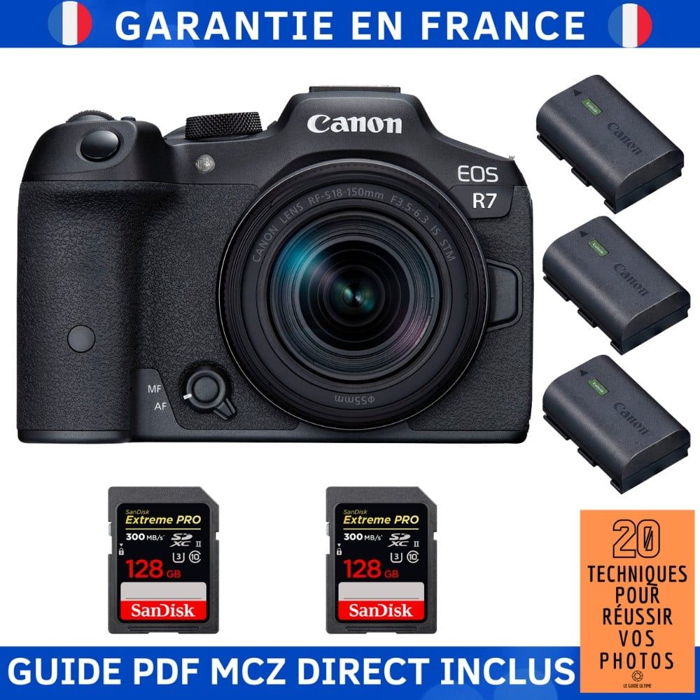 Canon EOS R7 + RF-S 18-150mm STM + 2 cartes Sandisk 128Go Extreme PRO UHS-II SDXC 300 Mo/s + 3 batteries Canon LP-E6NH + Guide PDF MCZ DIRECT '20 techniques pour réussir vos photos