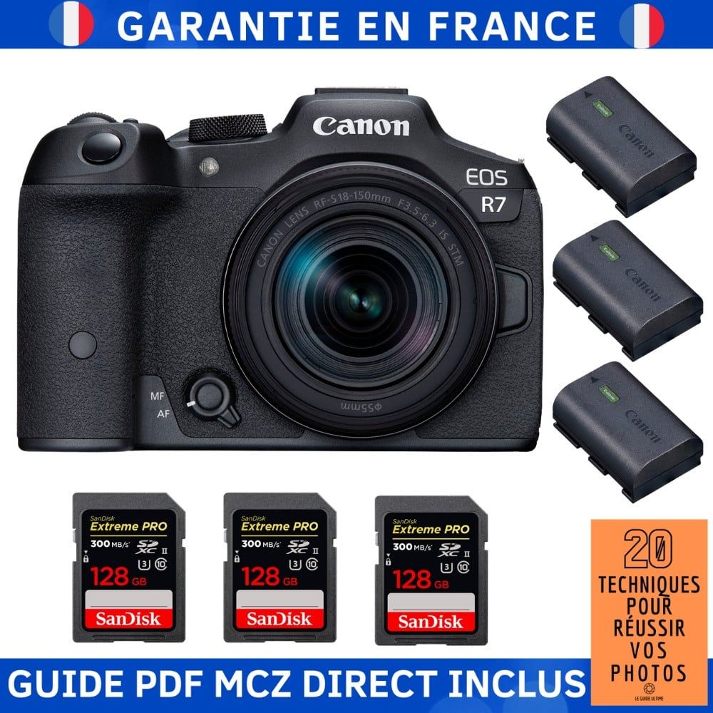 Canon EOS R7 + objectif RF-S 18-150mm STM + 3 cartes SDXC SanDisk 128 Go Extreme PRO UHS-II + 3 batteries LP-E6NH Canon + guide photo MCZ DIRECT '20 techniques pour réussir vos photos'
