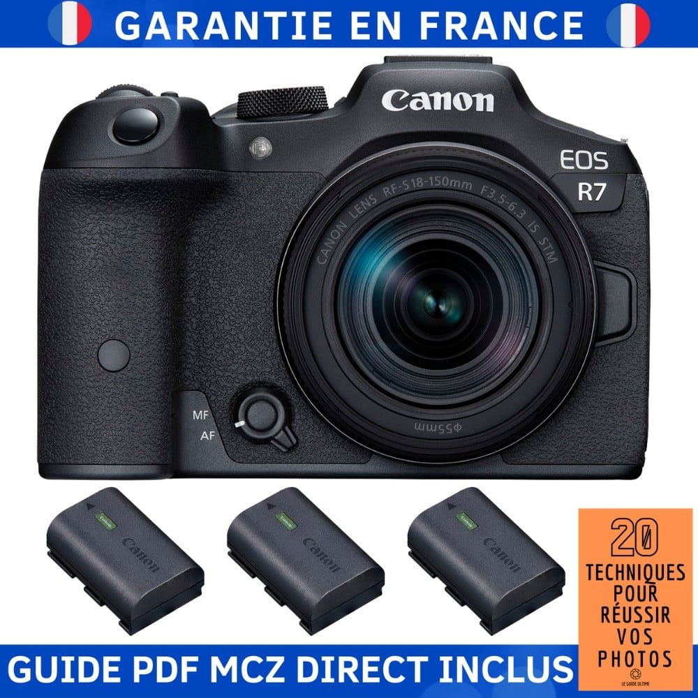 Canon EOS R7 + RF-S 18-150mm STM Lens + 3 LP-E6NH Batteries + MCZ DIRECT Guide: 20 Techniques for Succeeding in Photography