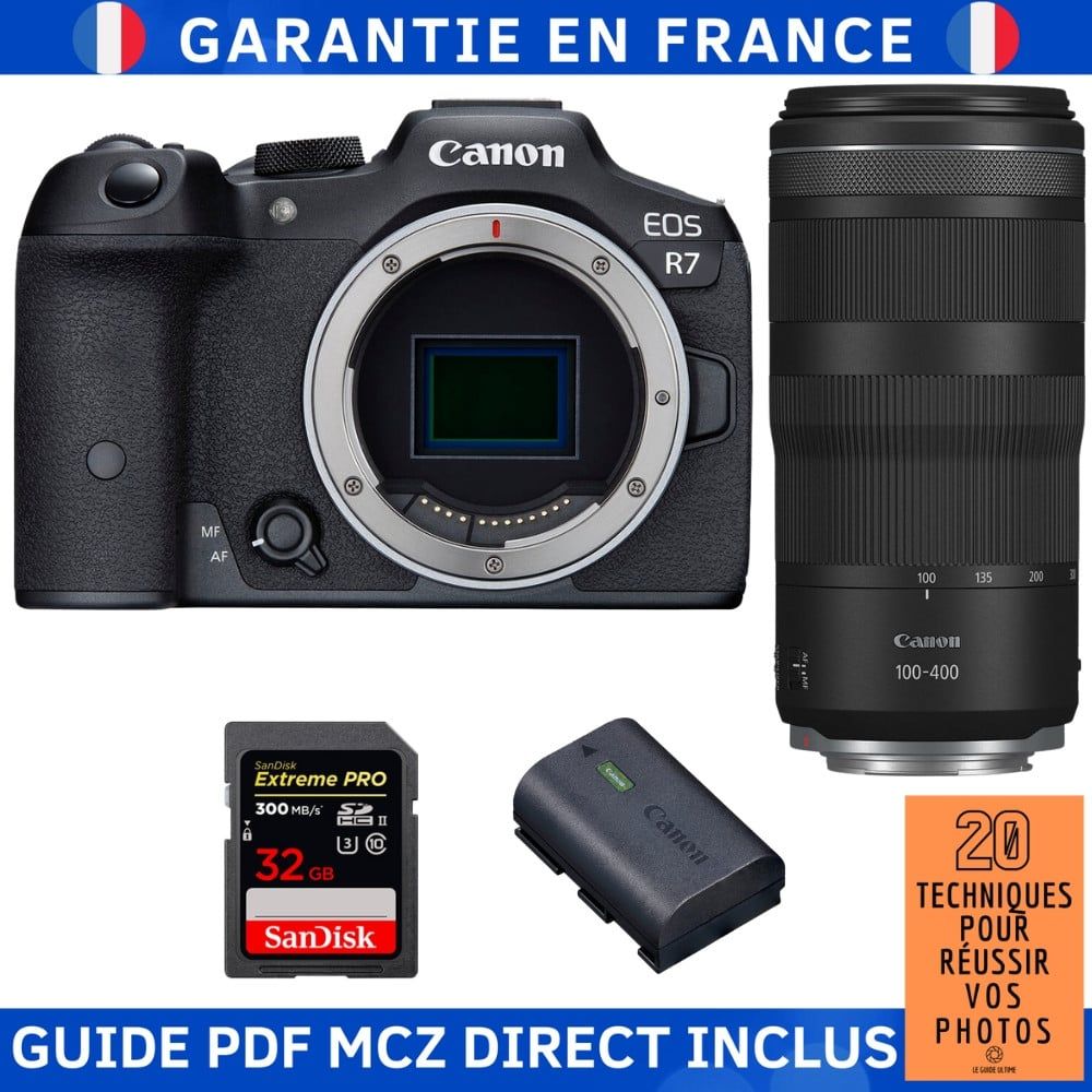 Canon EOS R7 + objectif RF 100-400mm IS + 1 x carte SanDisk 32 Go Extreme PRO UHS-II SDXC + 1 x batterie Canon LP-E6NH + guide PDF '20 techniques pour réussir vos photos