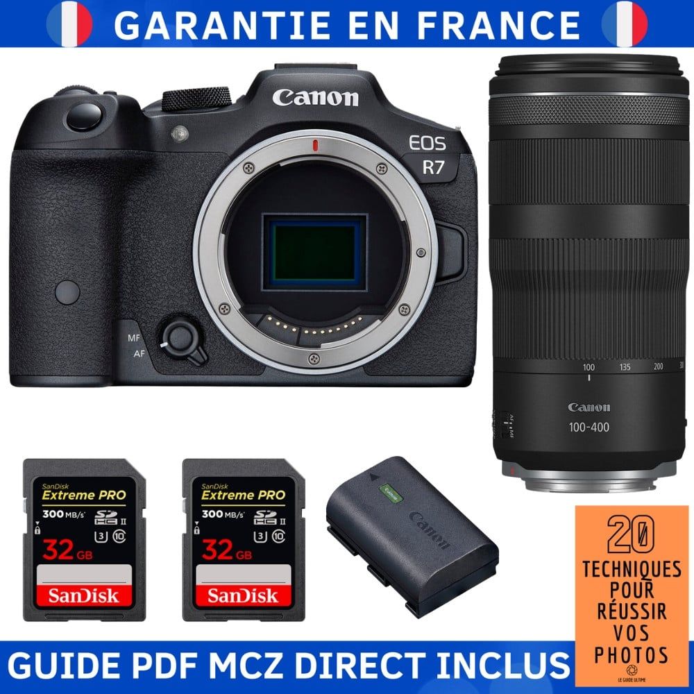 Canon EOS R7 + Objectif RF 100-400mm IS + Carte SanDisk 32Go Extreme PRO UHS-II SDXC 300 Mo/s + Canon LP-E6NH + Guide PDF '20 Techniques pour Réussir vos Photos