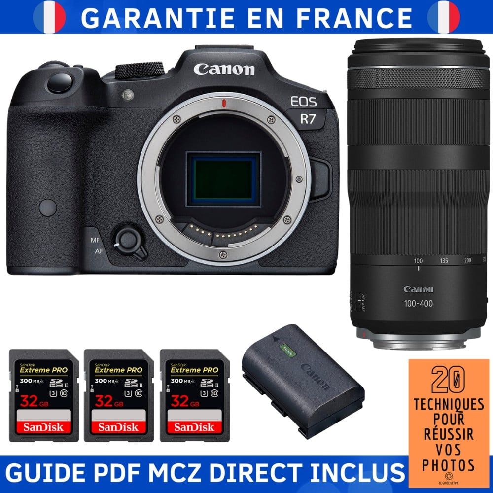 Canon EOS R7 + objectif RF 100-400mm IS + 3 cartes SDXC Sandisk 32 Go Extrême PRO UHS-II + batterie Canon LP-E6NH + guide technique MCZ DIRECT '20 techniques pour réussir vos photos