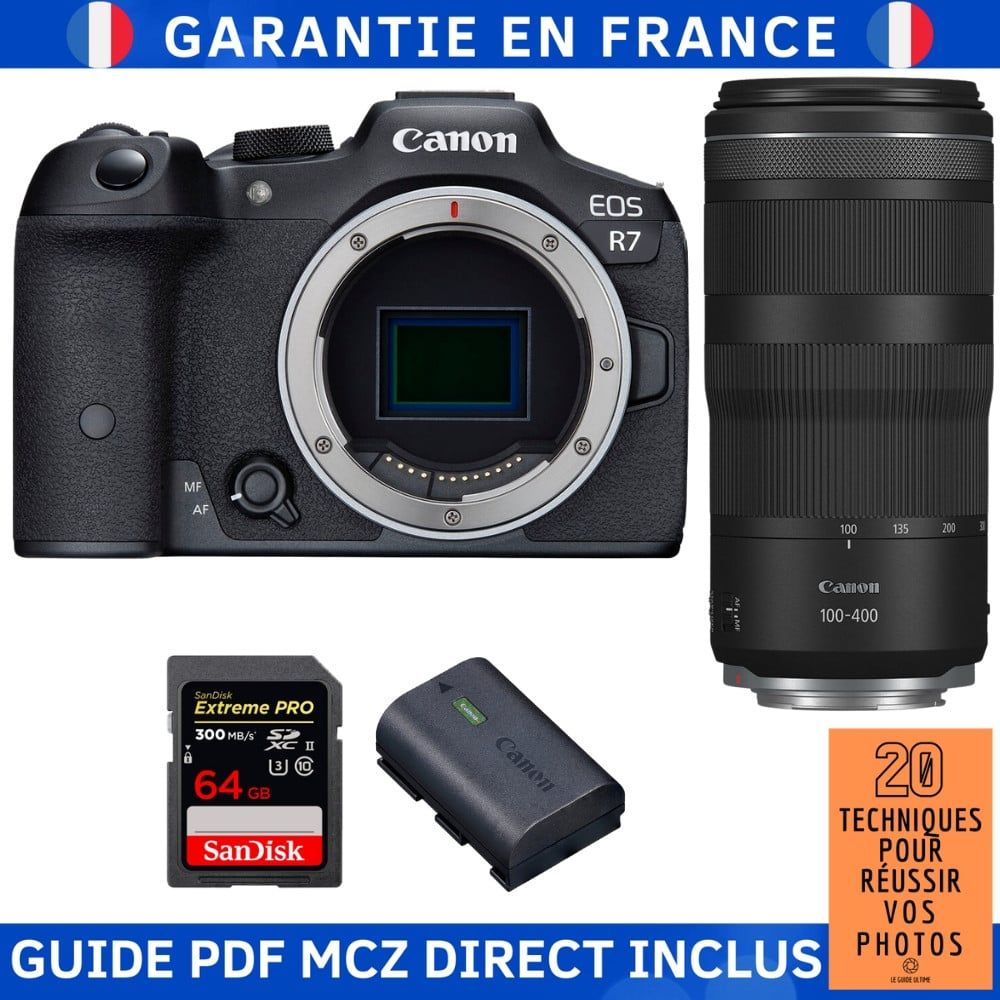 Canon EOS R7 + Objectif RF 100-400mm IS + 1 Carte SanDisk 64 Go Extreme PRO UHS-II SDXC 300 Mo/s + 1 Batterie Canon LP-E6NH + Guide MCZ DIRECT '20 Techniques pour Réussir vos Photos