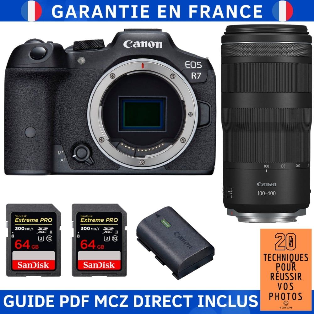 Canon EOS R7 + objectif RF 100-400 mm IS + 2 cartes mémoire SanDisk 64 Go Extreme PRO UHS-II SDXC 300 Mo/s + batterie LP-E6NH + guide MCZ DIRECT : 20 techniques pour réussir vos photos