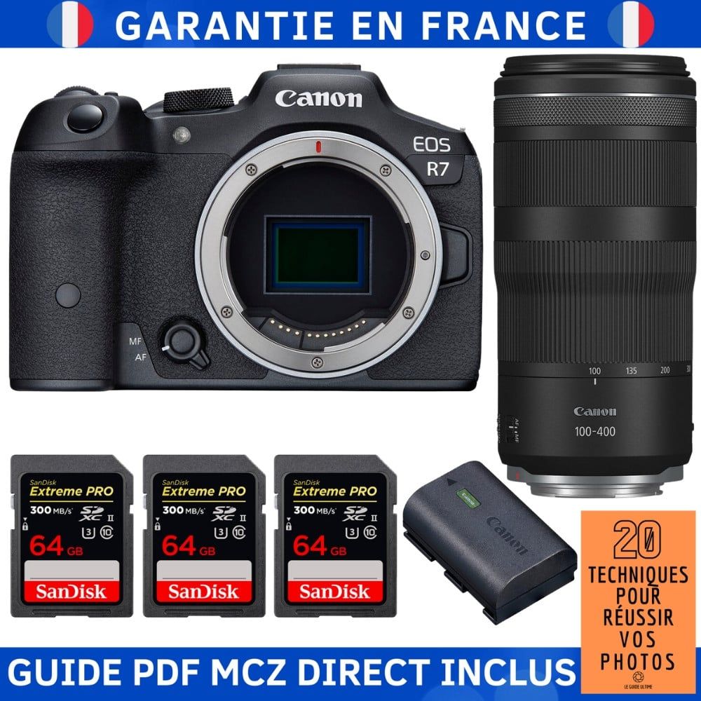 Canon EOS R7 + objectif RF 100-400mm IS + 3 cartes SDXC SanDisk 64 Go Extreme PRO UHS-II + batterie LP-E6NH + guide technique '20 techniques pour réussir vos photos'