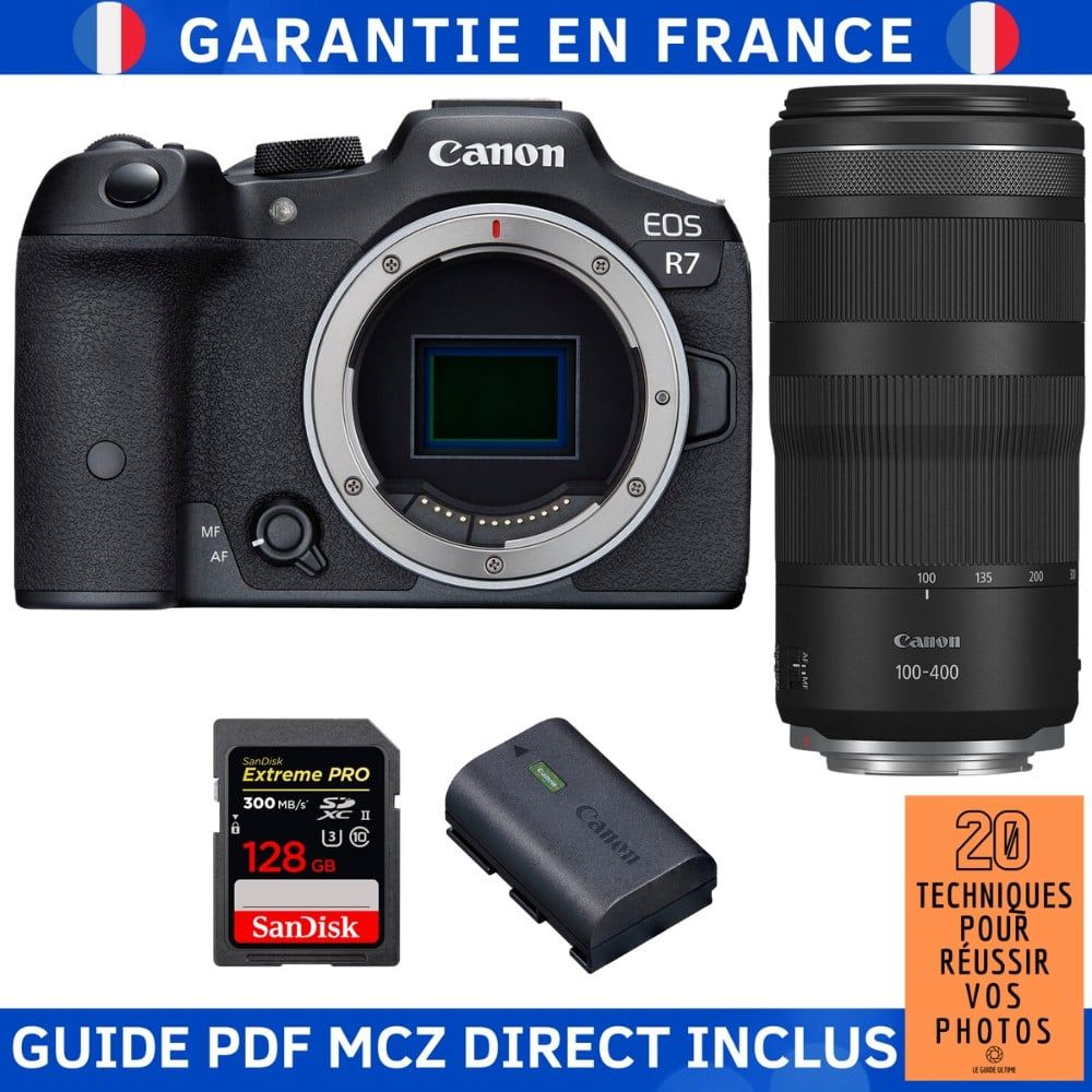 Canon EOS R7 + Objectif RF 100-400mm IS + 1 Carte SanDisk 128 Go Extreme PRO UHS-II SDXC + 1 Batterie Canon LP-E6NH + Guide '20 Techniques pour Réussir vos Photos
