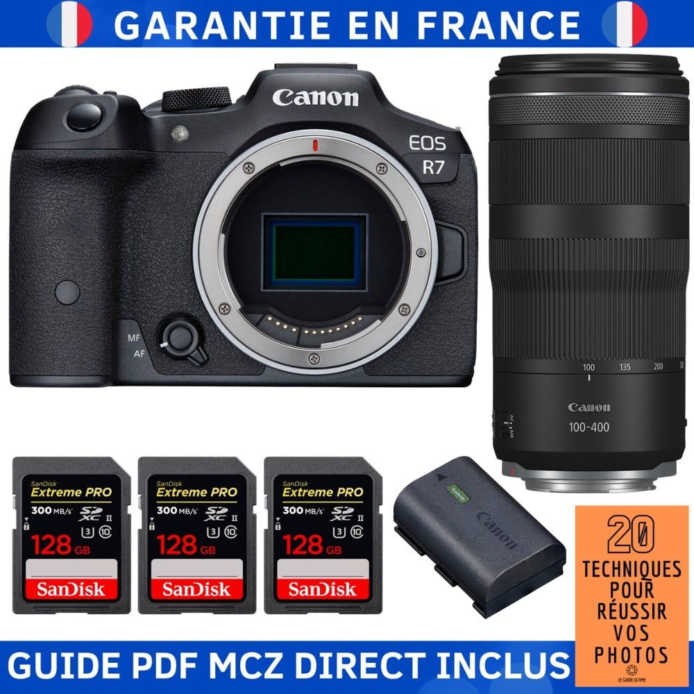 Canon EOS R7 + objetivo RF 100-400mm IS + 3 x SanDisk 128GB Extreme PRO UHS-II SDXC + batería Canon LP-E6NH + guía PDF MCZ DIRECT '20 técnicas para lograr tus fotos